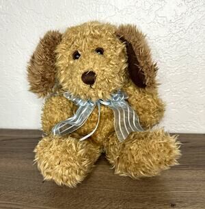 First & Main Plush Puppy Dog Rattle Shaggy Blue Bow Baby Pups 10”